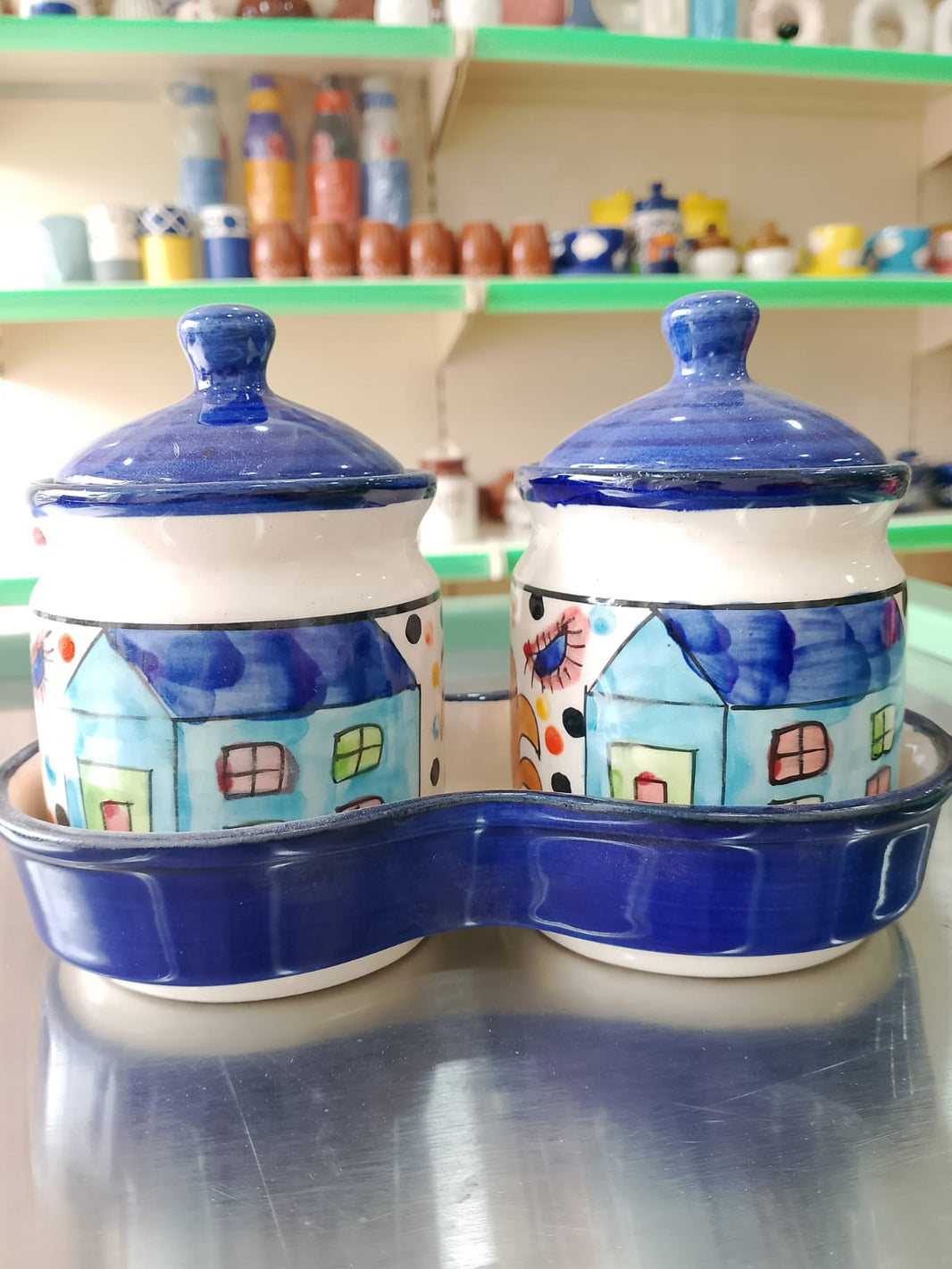 Ceramic tray with two jars