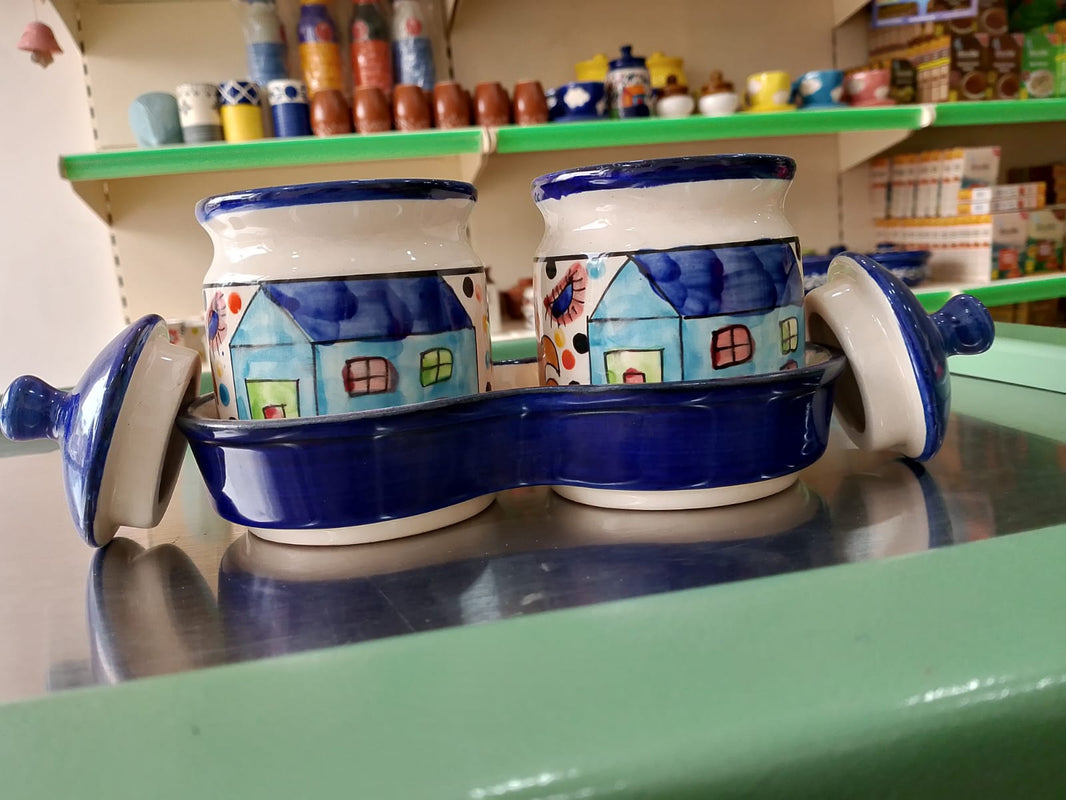 Ceramic tray with two jars